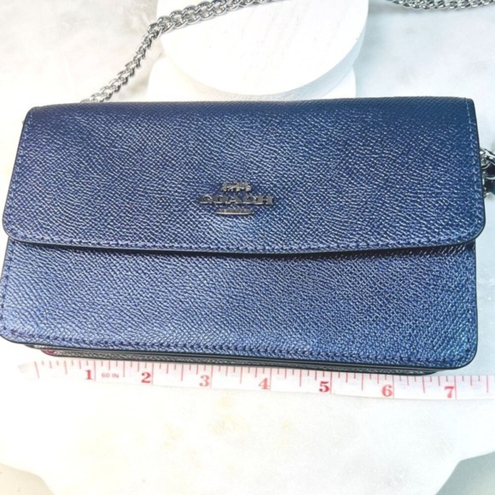 Coach Leather Wallet Clutch Zip Fold Over Chain Strap Metallic Multicolor - Picture 9 of 11